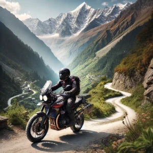 A Triumph Speed T4 motorcycle navigating a narrow Himalayan trail with a stunning backdrop of snow-capped mountains, lush green valleys, and a winding road. The rider is equipped with professional adventure gear, showcasing the bike\u2019s rugged design and off-road capabilities in challenging terrains. The image captures the spirit of adventure and the beauty of the Himalayas.