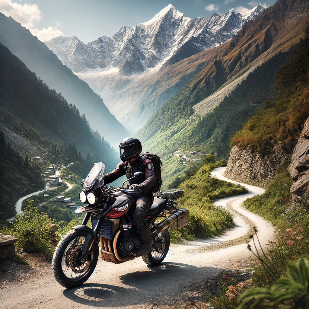 A Triumph Speed T4 motorcycle navigating a narrow Himalayan trail with a stunning backdrop of snow-capped mountains, lush green valleys, and a winding road. The rider is equipped with professional adventure gear, showcasing the bike\u2019s rugged design and off-road capabilities in challenging terrains. The image captures the spirit of adventure and the beauty of the Himalayas.
